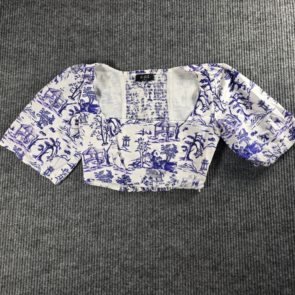 o.p.t Blue White Toile de Jouy Puff Sleeve Smocked Crop Top Small